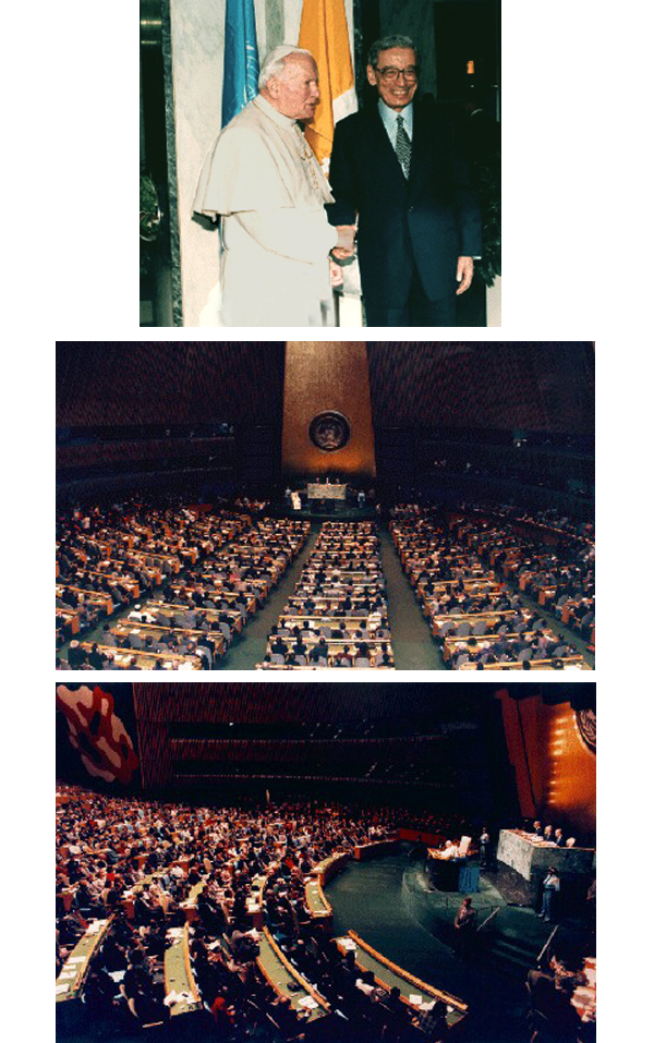 John Paul II is received by Boutros Ghali and speaks before the UN assembly